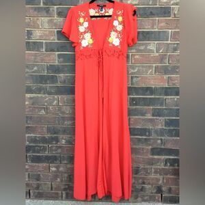 Coral long cover up embroidered flowers double tie tassel front hippie boho S